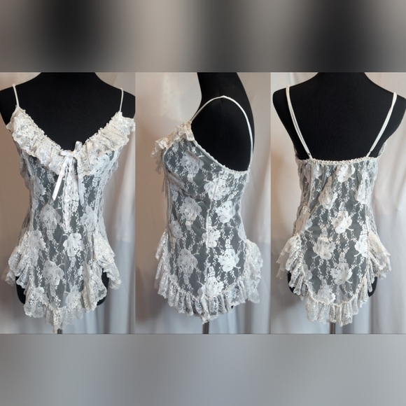 Vintage Lace Up Ruffled Lace Lingerie Top/Dress - Picture 1 of 9